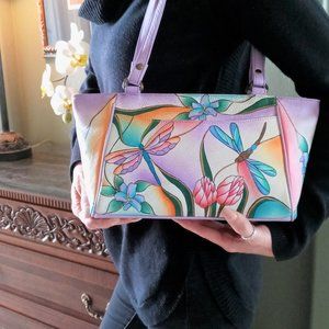 (EUC) ANNA BY ANUSCHKA, GENUINE LEATHER, HAND-MADE, DRAGONFLY GLASS PAINTING